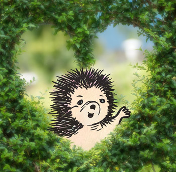 Darnit the hedgehog waving through a heart shaped hole in a hedge