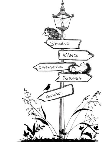 Hedgehogs resting on street signs noting features of Darn Pottery's location