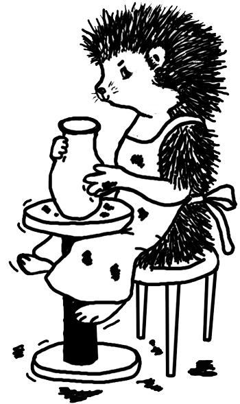 Pen drawing of hedgehog throwing pot on a potter's kick wheel
