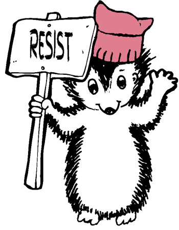 Pen illustration of a hedgehog wearing a "pink pussy" protest hat and holding a sign reading Resist